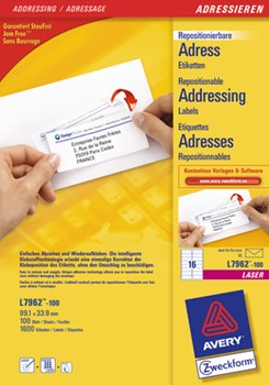 Avery Zweckform L7962-100, Repositionierbare Adress-Etiketten 99,1 x 33,9 mm, 100 Bögen (= 1600 Etiketten), Multiprint