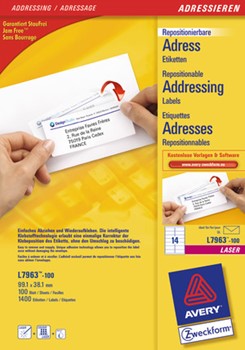Avery Zweckform L7963-100, Repositionierbare Adress-Etiketten 99,1 x 38,1 mm, 100 Bögen (= 1400 Etiketten), Multiprint