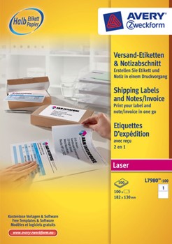 Avery Zweckform L7980-100, 2in1 Blickdichte Versand Etiketten + Notizabschnitt 182 x 130 mm, 100 Bögen (= 100 Etiketten), Mulitprint