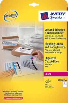Avery Zweckform L7980-40, 2in1 Blickdichte Versand Etiketten + Notizabschnitt 182 x 130 mm, 40 Bögen (= 40 Etiketten), Mulitprint