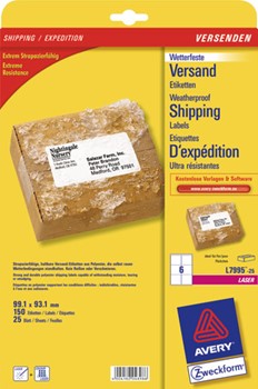 Avery Zweckform L7995-25, Wetterfeste Versand Etiketten 99,1 x 93,1 mm, 25 Bögen (= 150 Etiketten)