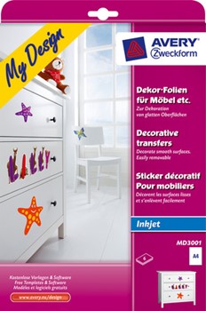 Avery Zweckform MD3001, Dekorfolie für glatte Oberflächen, rückstandslos wiederablösbar, A4, 6 Blatt