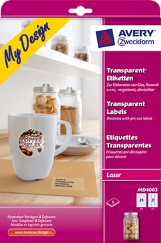 Avery Zweckform MD4003, Glasklar-Etiketten-Set, je 3 Blatt 63,5x38,1mm (=63 Etiketten) und &oslash; 40mm (=72 Etiketten), transparent