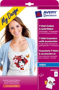 Avery Zweckform MD5003, Textilfolie für helle Textilien, 4 Blatt A4, 1 Blatt Textilfolie A5 gold, 25 Strass-Steine