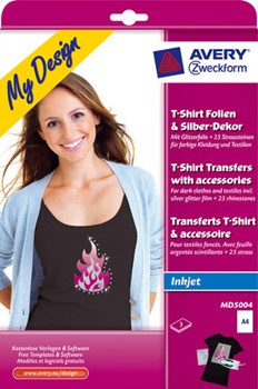 Avery Zweckform MD5004, Textilfolie für farbige Textilien, 3 Blatt A4, 1 Blatt Textilfolie A5 silber, 25 Strass-Steine