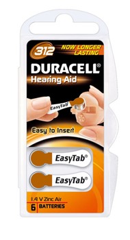 Duracell DUR536214, Hörgeräte-Batterien DA312, 1,4V, mit Easytab zum einfachen Batteriewechsel, 6er Pack