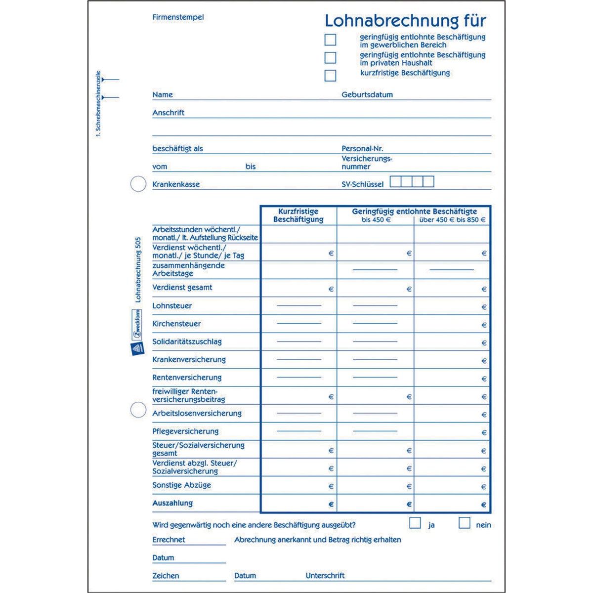 Avery Zweckform 505 Lohnabrechnung für geringfügig oder kurzfristig