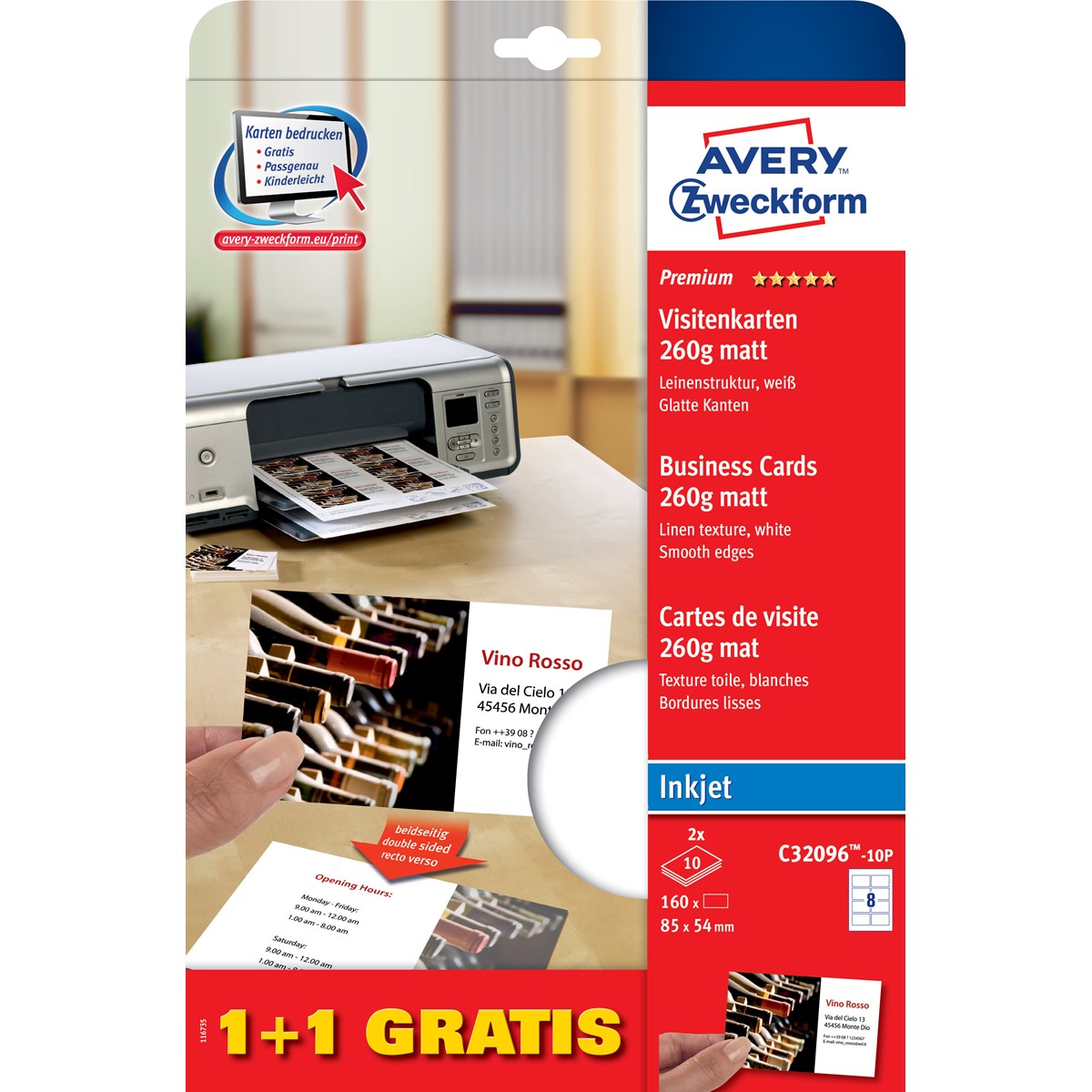 Avery Zweckform 150x Premium Visitenkarten 200g//m² matt 15x Bögen für A4 Drucker