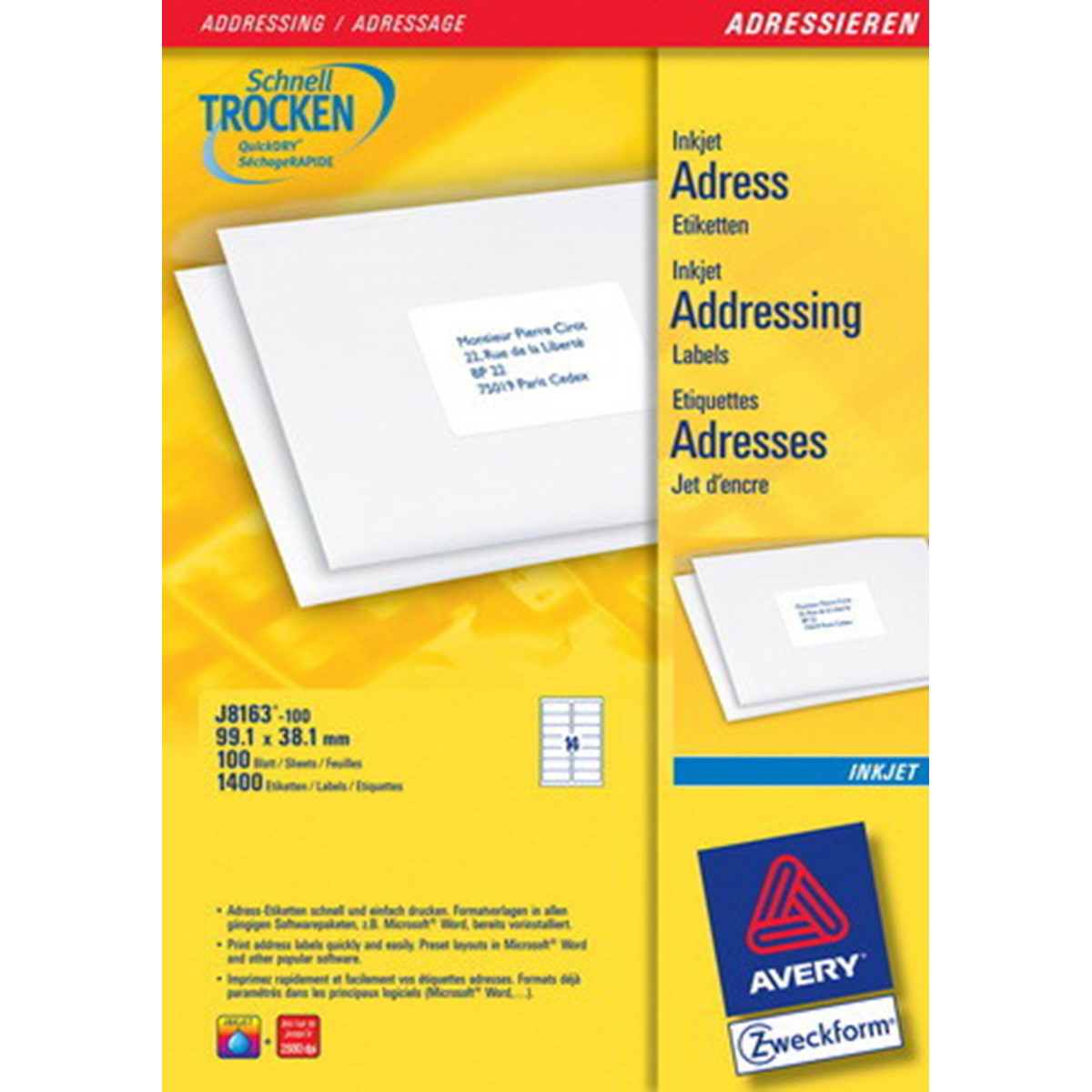 Avery Zweckform J8163-100 Inkjetetiketten 99,1x38,1 mm, 100 Bögen 